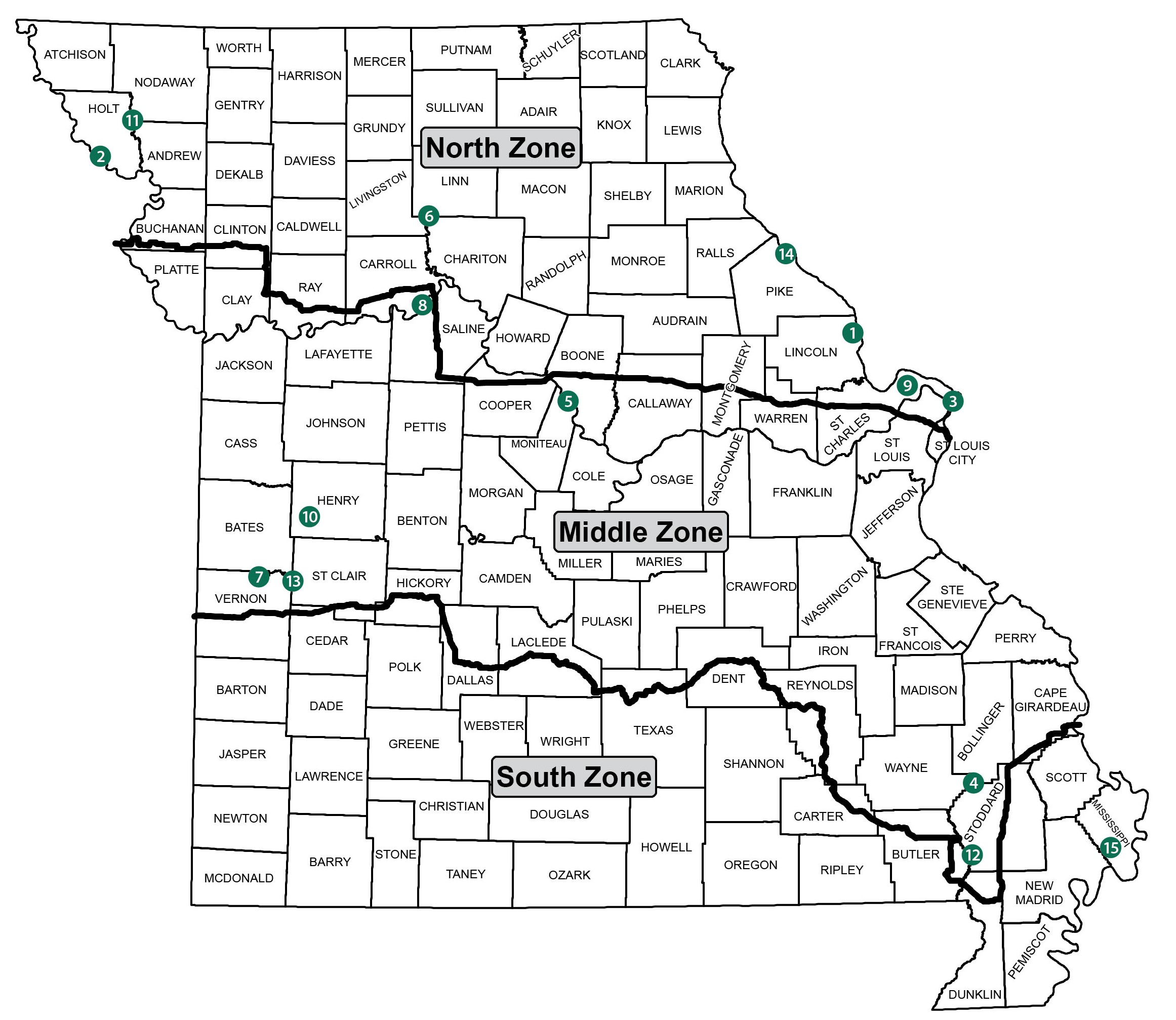 Map of Missouri duck zones and locations of managed waterfowl areas