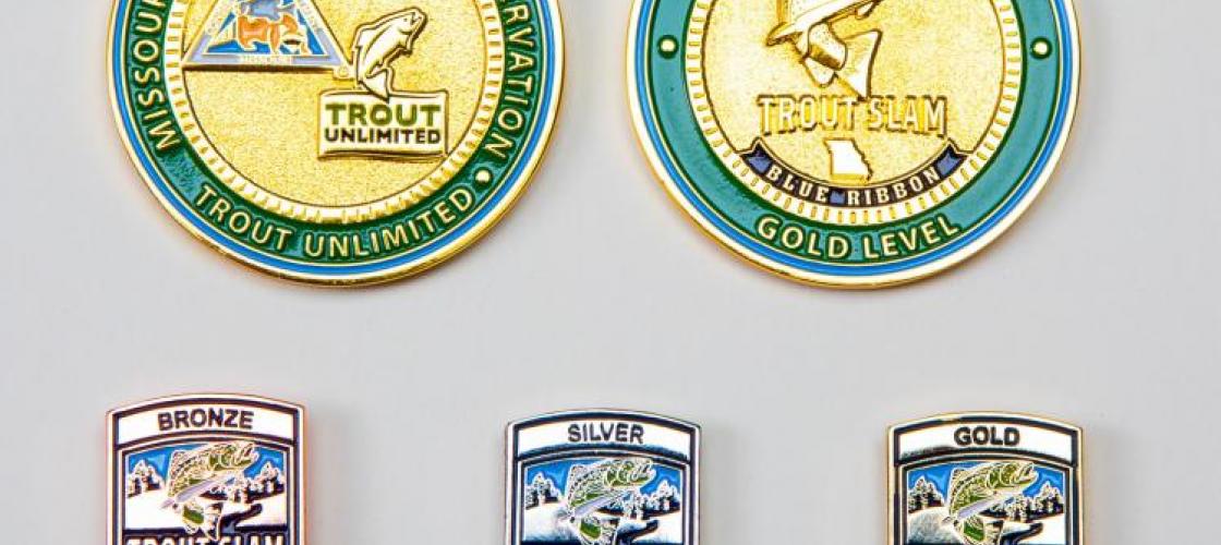 Blue ribbon trout slam badges and pins